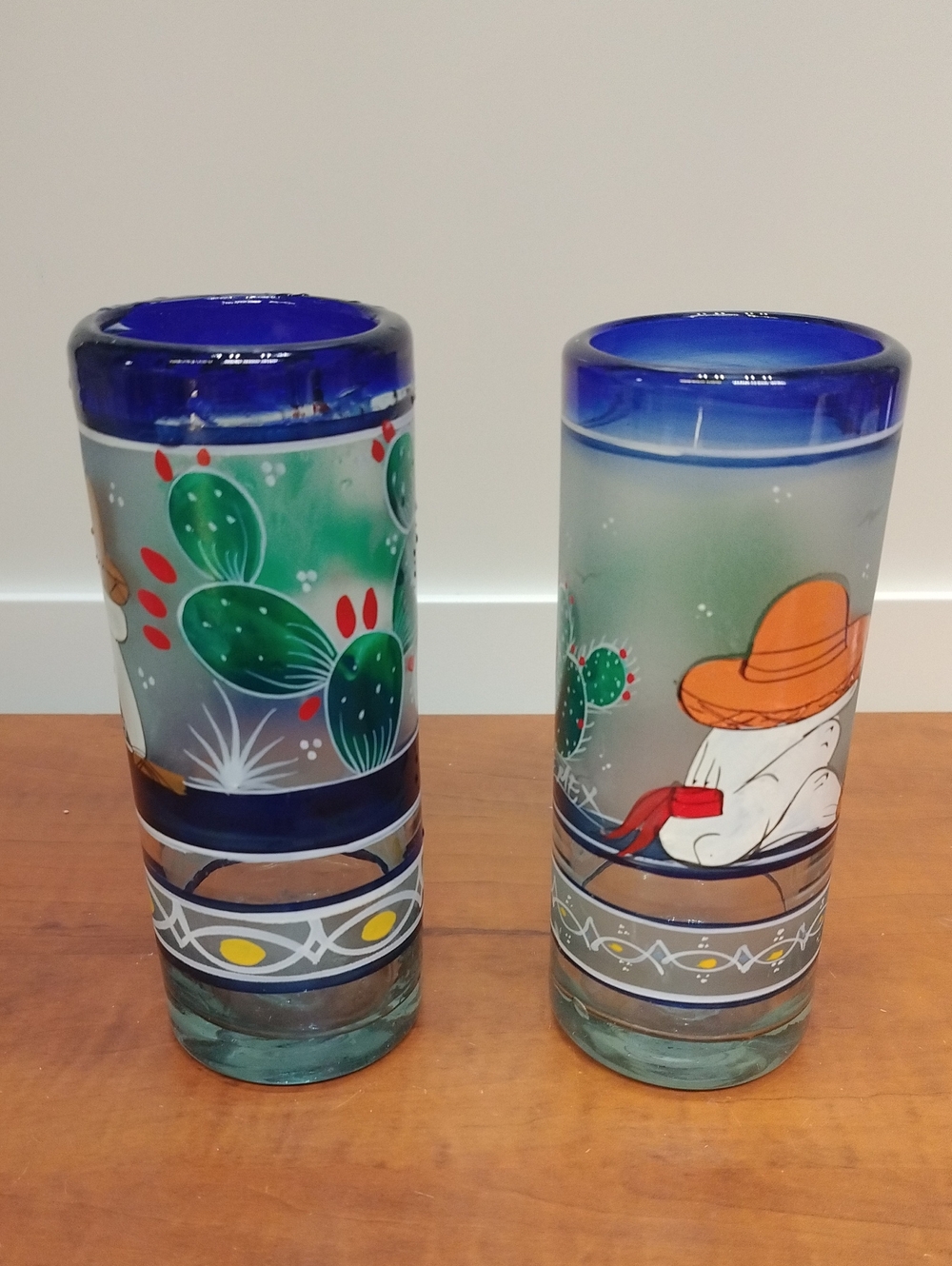 Hand-Painted Blue Rim Mexican Cactus Art Glass Tumblers - Set of 2